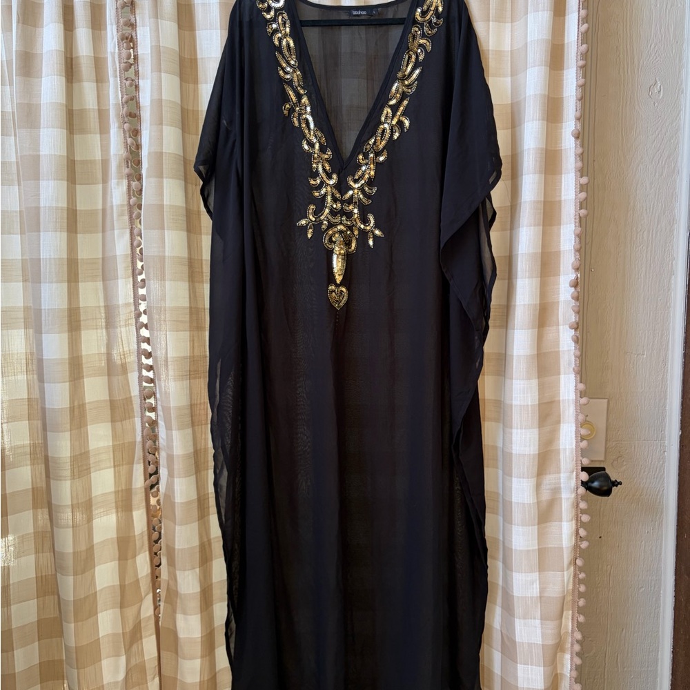 Boohoo Black Sheer Kaftan Dress with Gold Embellishment